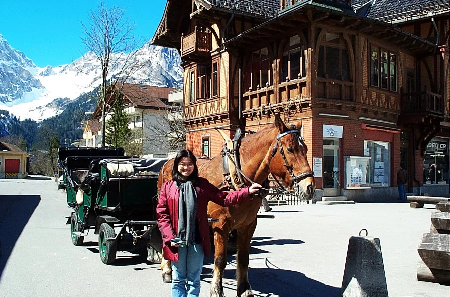Engelberg 車站旁的馬車與小鎮街景。